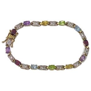 Vintage Multi-Col Gems and Diamond Bracelet. Approx 7.5 inch long Stamped Silver